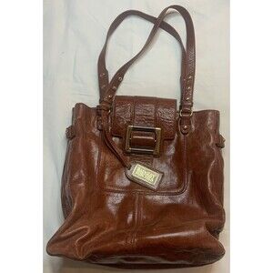 Bradgley Mischka Brown Distressed Leather Tote Shoulder Bag Gold Hardware Boho
